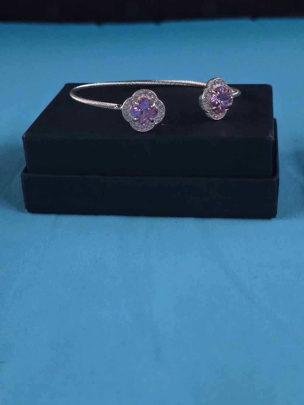 Silver Open Bangle Bracelet with Pinkish Purple Flower Gemstones - Picture 2 of 3